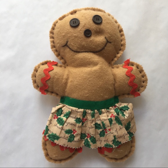 Vintage Hand Crafted 12" Felt Tan Gingerbread Man Women Holiday Winter Holly 2 - Picture 3 of 7